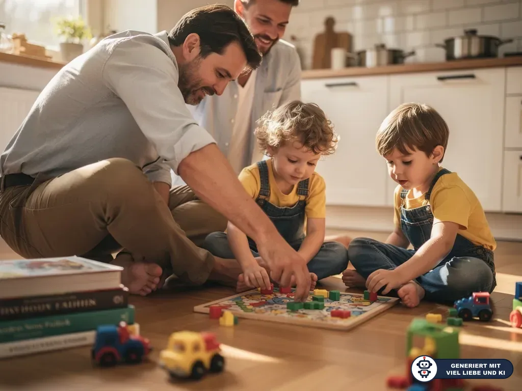Zwei Väter spielen mit zwei kleinen Kindern auf dem Küchenboden ein Brettspiel. (mit KI erstellt)