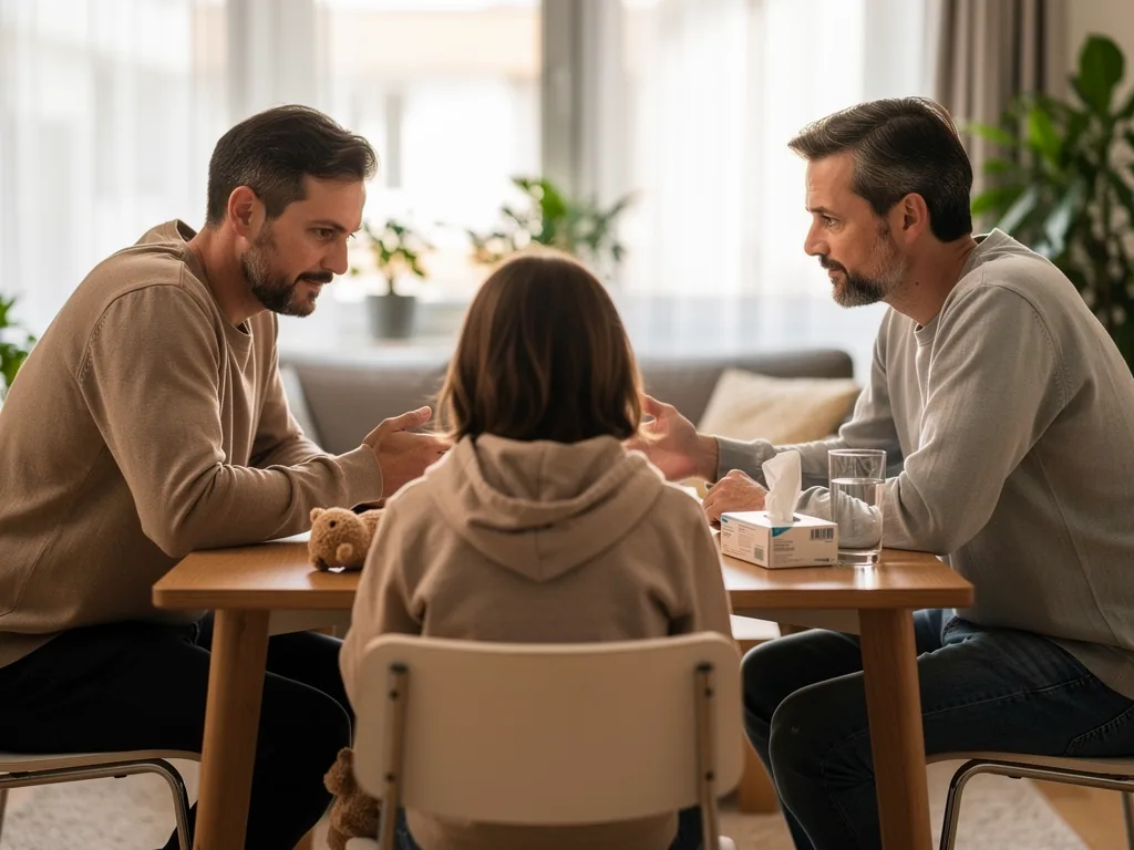 Zwei Väter sprechen am Tisch mit einem Kind über eine schwierige Familiensituation.