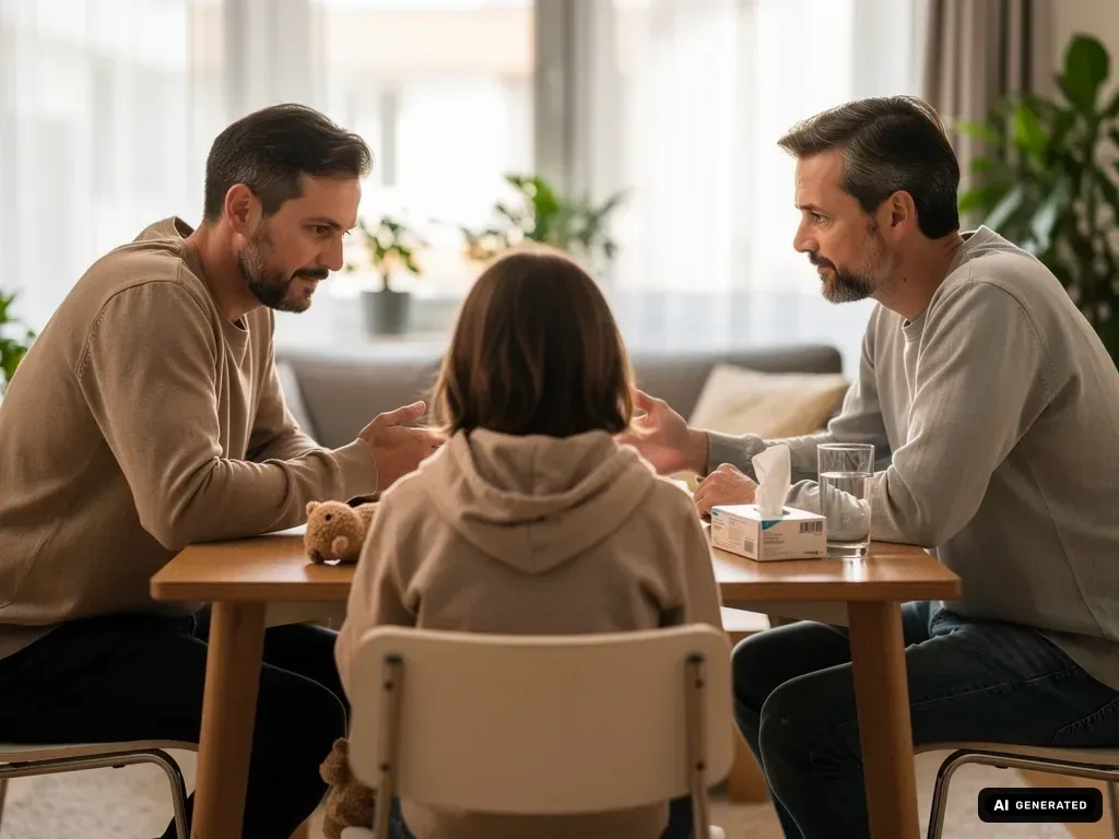 Zwei Väter sprechen am Tisch mit einem Kind über eine schwierige Familiensituation. (mit KI erstellt)