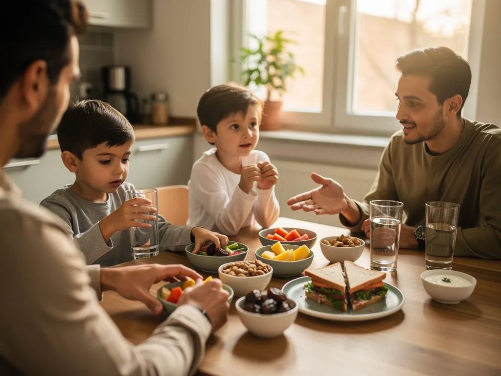 Zwei Väter sprechen mit zwei Kindern am Esstisch über Obst, Nüsse, Wasser und belegte Brote.