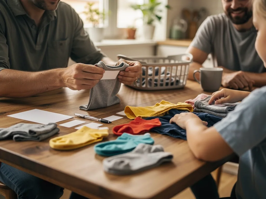 Zwei Väter und ein Kind sortieren Kindersocken und Kleidung mit Etiketten am Küchentisch.