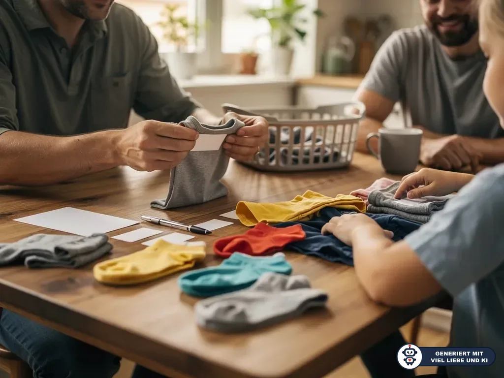 Zwei Väter und ein Kind sortieren Kindersocken und Kleidung mit Etiketten am Küchentisch. (mit KI erstellt)
