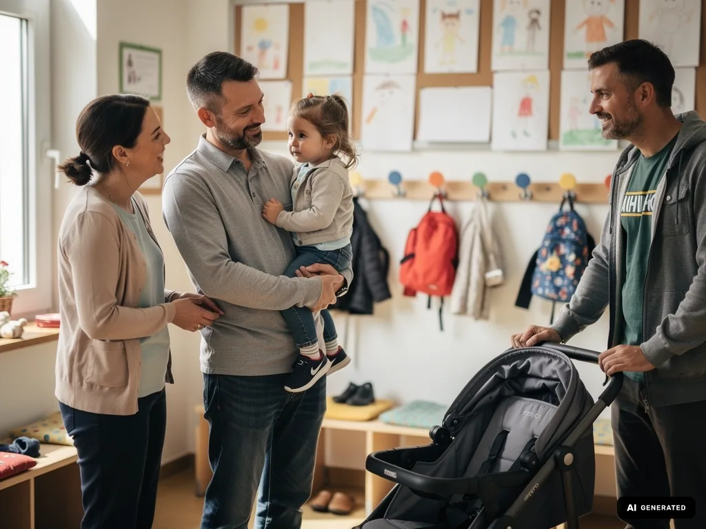 Zwei Väter und eine Mutter unterhalten sich mit Kleinkind in einer Kita-Garderobe, daneben steht ein Kinderwagen. (mit KI erstellt)