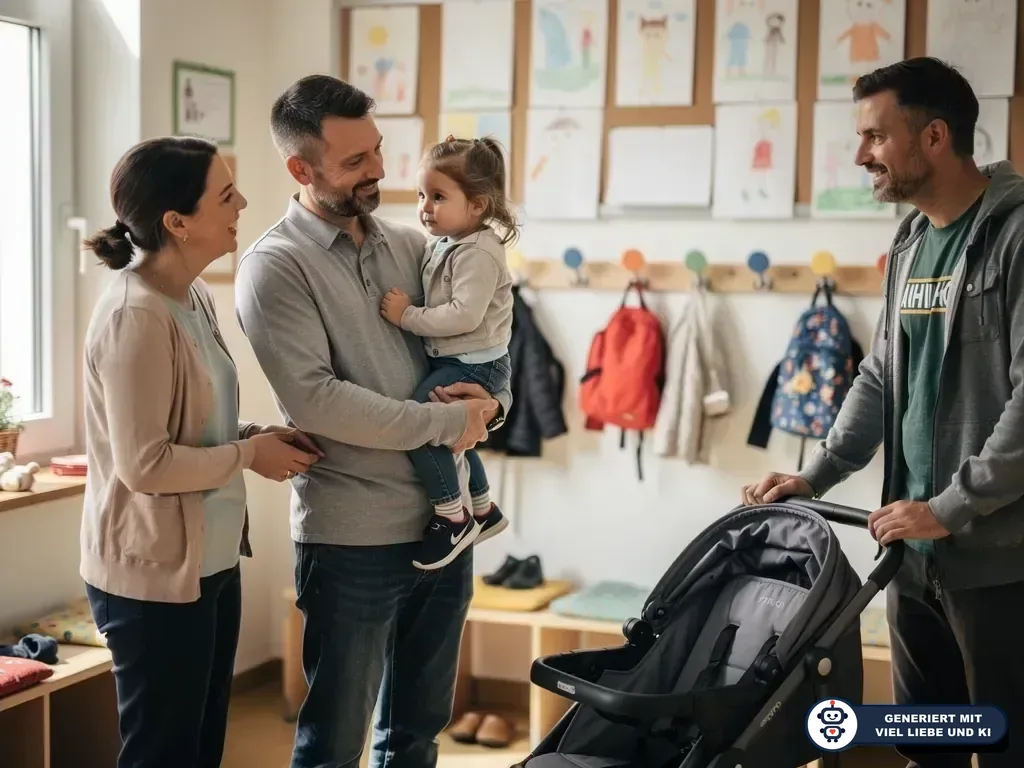 Zwei Väter und eine Mutter unterhalten sich mit Kleinkind in einer Kita-Garderobe, daneben steht ein Kinderwagen. (mit KI erstellt)