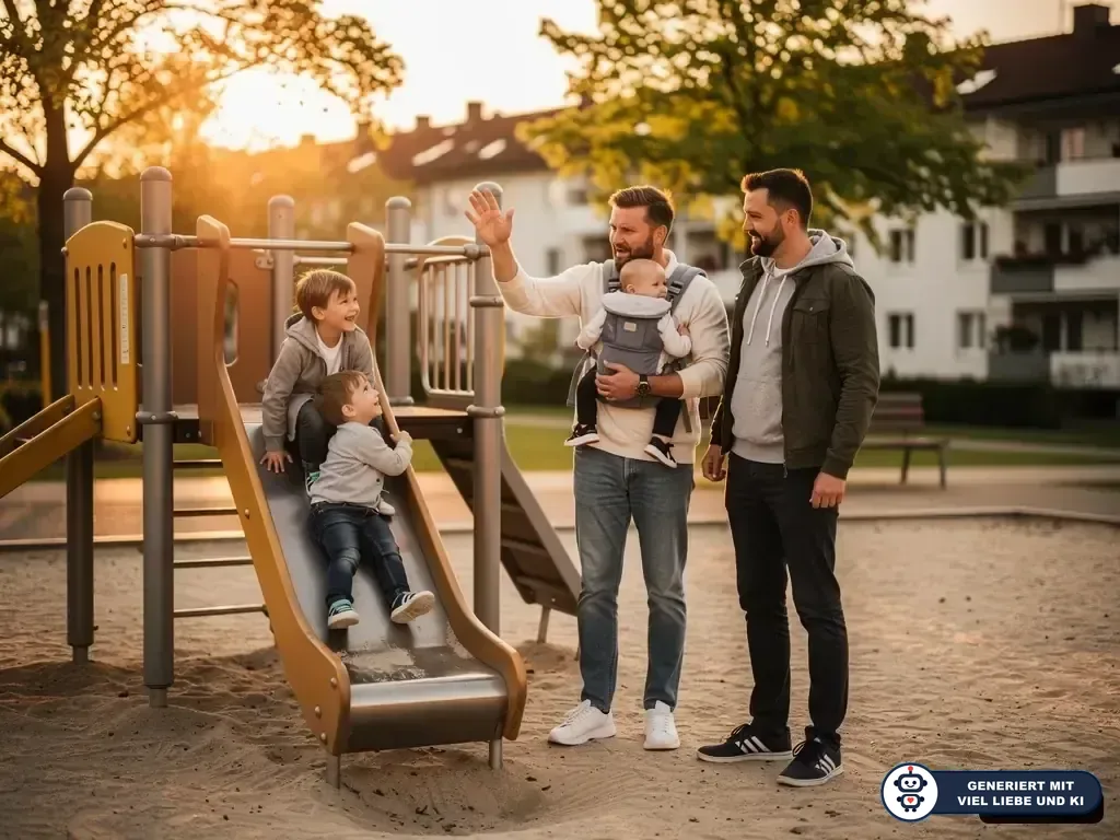 Zwei Väter unterhalten sich auf einem Spielplatz, während drei Kinder auf Rutsche und in Babytrage dabei sind. (mit KI erstellt)