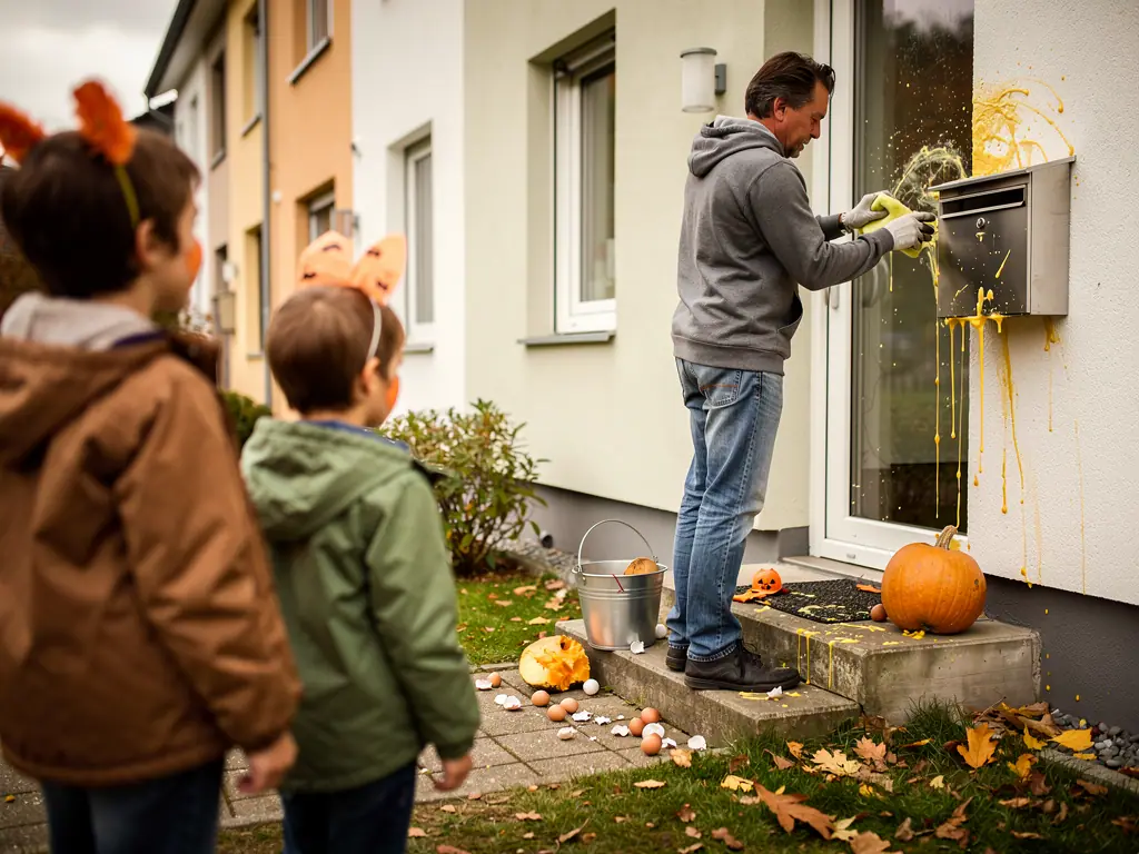 Zwei verkleidete Kinder sehen zu, wie ein Mann Eier und Farbe von Haustür und Briefkasten entfernt.