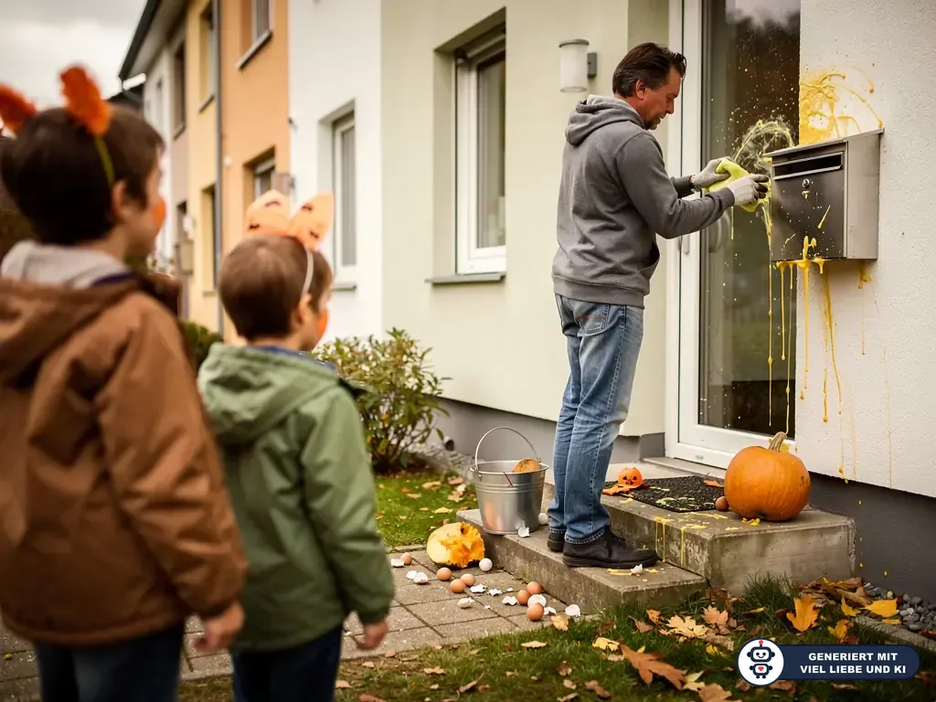 Zwei verkleidete Kinder sehen zu, wie ein Mann Eier und Farbe von Haustür und Briefkasten entfernt. (mit KI erstellt)